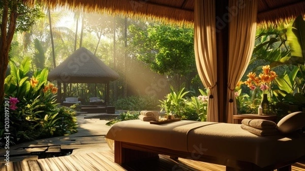 Fototapeta Serene Tropical Spa Setting With Massage Table