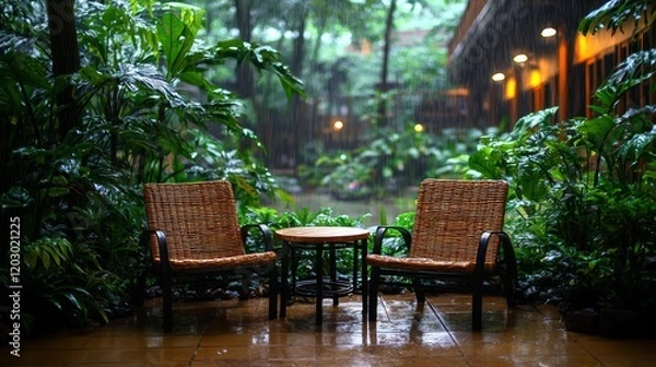 Fototapeta Two chairs, table on patio in rain, trees in back. Stock image for rain