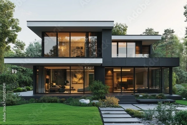Obraz Modern 3D rendering of a house with large glass windows showcasing open spaces.