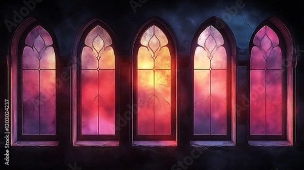 Fototapeta Gothic Windows Illuminated by a Dramatic Sunset