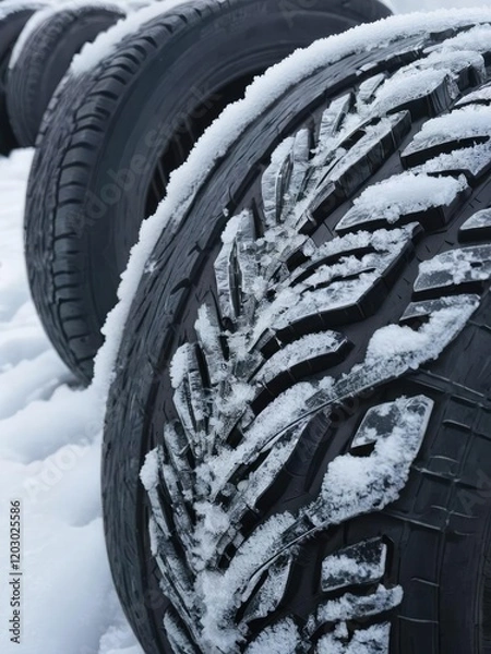 Fototapeta Close-up of winter tires covered in snow and ice on a freezing cold day, cold, traction, icy