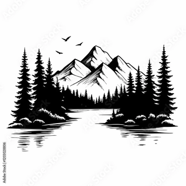 Fototapeta A mountain range with a river in between. Trees are in the foreground. Birds are flying in the sky