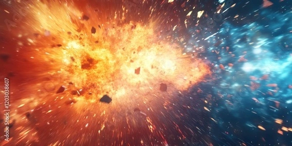 Obraz Abstract background featuring an explosion and flying debris, illustrating a powerful energy concept with dynamic movement and vibrant colors, enhancing the visual representation of energy.