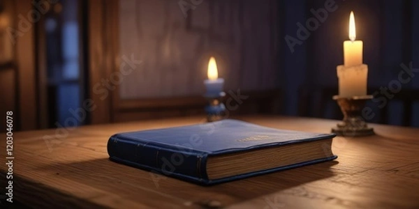 Fototapeta Blue book placed on a wooden table with a single candlelight source casting a warm glow, warm glow, calm ambiance