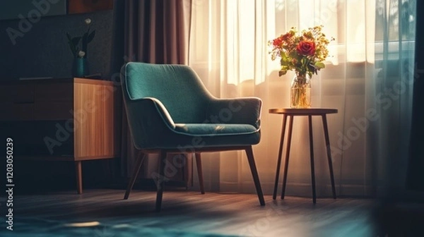 Fototapeta Teal armchair near window with roses in vase