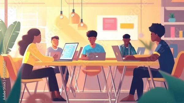 Fototapeta A diverse group of young adults collaborating in a bright, modern workspace, engaged in discussions and using laptops, with plants and stylish decor enhancing the atmosphere