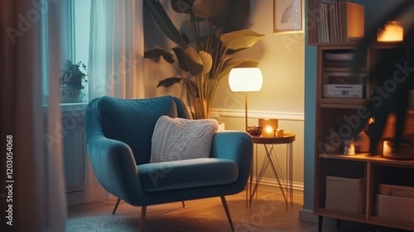 Fototapeta Cozy Teal Armchair Evening Living Room Scene