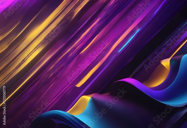 Fototapeta Abstract poster background design, vibrant texture purple yellow blue glowing shapes on black banner backdrop, copy space.