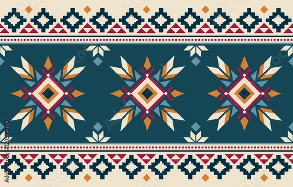 Fototapeta Ethnic tribal Aztec colorful blue background. Seamless tribal pattern, folk embroidery, tradition geometric Aztec ornament. Traditional design for fabric, textile, print, rug, paper