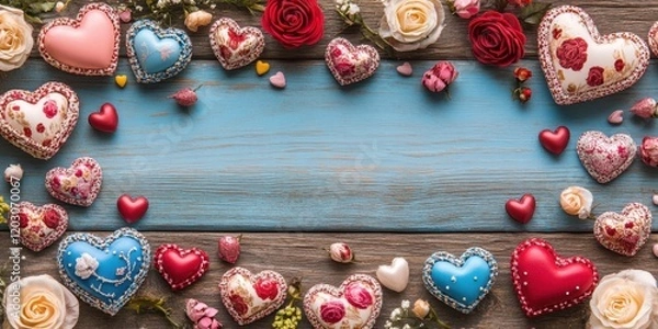 Fototapeta A charming display of vibrant hearts and delicate roses rests on a rustic wooden table, set against a serene blue backdrop, perfect for Valentine's Day.