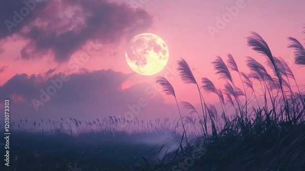 Fototapeta Full moon and Japanese pampas grass in midnight,The harvest Miscanthus sinensis and full moon,beautiful night sky in the countryside with the perfect pink moon exudes beauty in the dark.