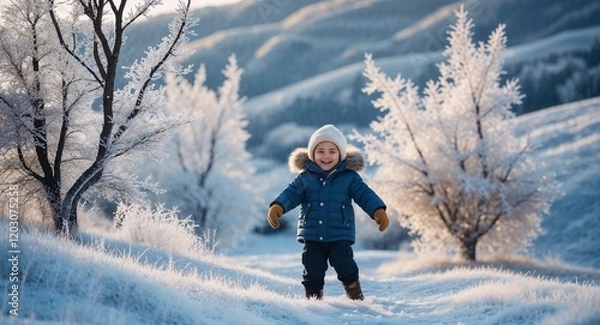 Fototapeta Child enjoying winter wonderland with frosty trees and hills