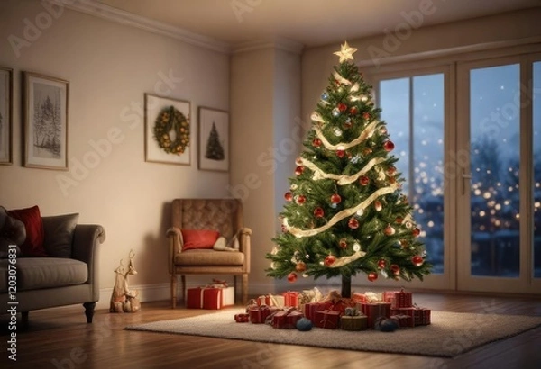 Fototapeta Christmas tree decorated with lights and ornaments, joyous occasion, merry mood