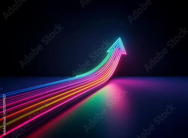 Fototapeta Vibrant, multicolored neon arrows ascend in a dynamic, upward trajectory against a dark background, suggesting growth and progress.  The arrows are reflected on a glossy surface.