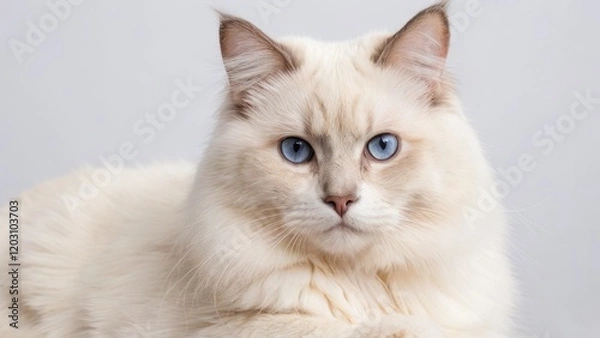 Fototapeta Portrait of Cream point ragdoll cat on grey background
