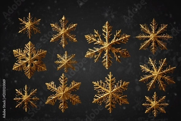 Fototapeta A set of golden snowflakes isolated on a black background