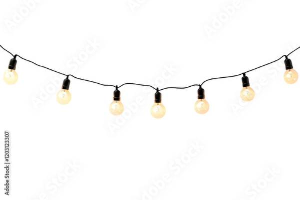 Fototapeta Decorative string lights illuminate a cozy outdoor space during a summer evening gathering