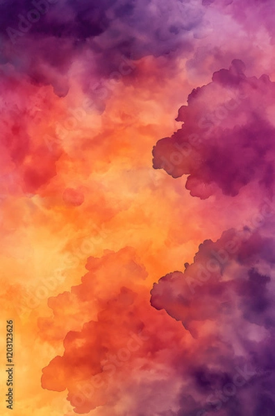 Fototapeta Elegant Watercolor Gradient Background from Orange to Purple with Soft Clouds and Textured Surface, Perfect for Product Posters, Social Media Posts, and Creative Design Projects