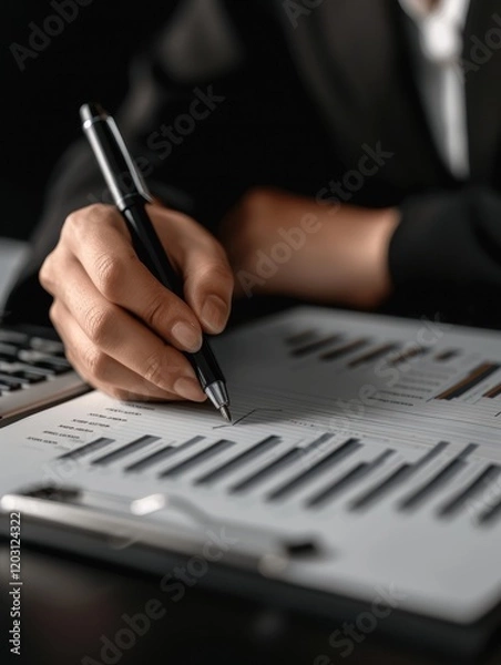 Obraz Business professional analyzing financial data with a pen.