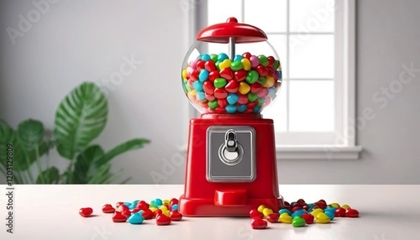Fototapeta Colorful heart-shaped candies overflowing from a red gumball machine on a white table by a window.