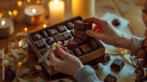 Fototapeta A romantic scene of a couple sharing a box of gourmet chocolates by candlelight, with soft focus on the luxurious packaging and delicate ribbon.