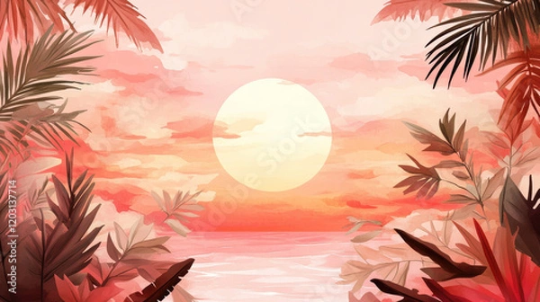 Fototapeta serene tropical sunset with warm hues blending into ocean, framed by lush palm leaves and vibrant foliage, creating tranquil and dreamy atmosphere