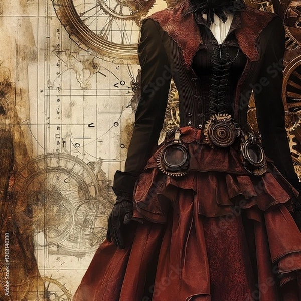 Fototapeta Steampunk Victorian Lady: A mysterious and elegant woman in a richly detailed steampunk-inspired Victorian gown stands against a backdrop of intricate clockwork gears and blueprints.