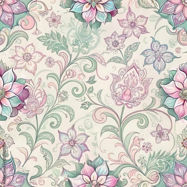 Fototapeta A delicate floral pattern featuring light-colored flowers and intricate swirls on a soft background.