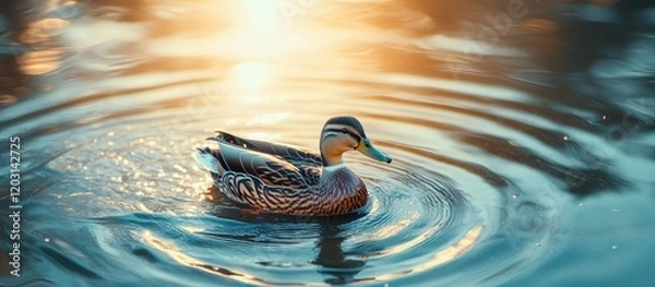 Fototapeta Serene Sunset: A Mallard Duck's Peaceful Glide