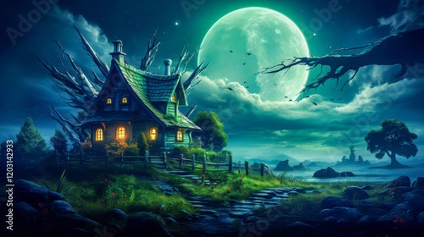 Obraz Mysterious cottage illuminated by moonlight in a magical landscape at night