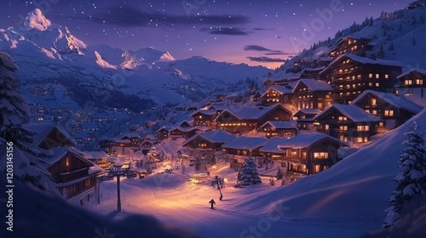 Fototapeta * A high-end ski resort with cozy chalets and snowy peaks.