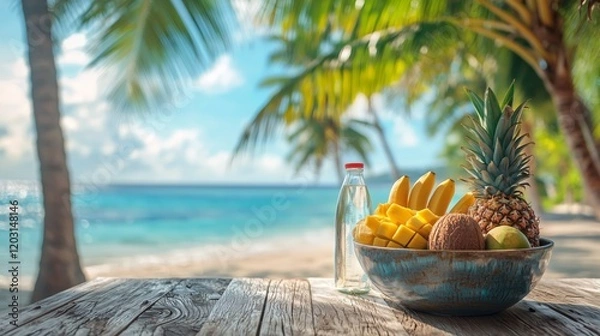 Obraz Fresh Tropical Fruits and Refreshing Drink on Beach Table