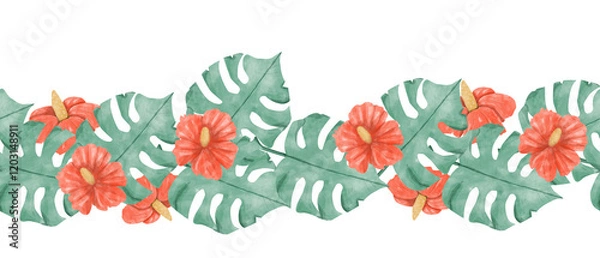 Fototapeta Seamless Watercolor Tropical Border with Red Hibiscus Flowers, Lush Exotic Foliage, for Design Print, Web, Textile, Tape and other Products