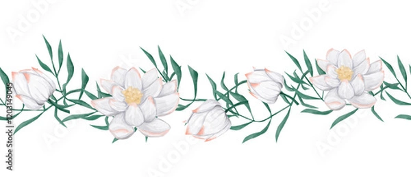 Fototapeta Seamless Watercolor Tropical Border with White and Pink Flowers Water Lily, Fragile Elegant Branches with Thin Leaves, for Design Print, Web, Textile, Scotch and other Products
