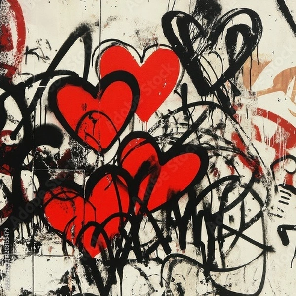 Obraz Graffiti art featuring red hearts on a textured wall.