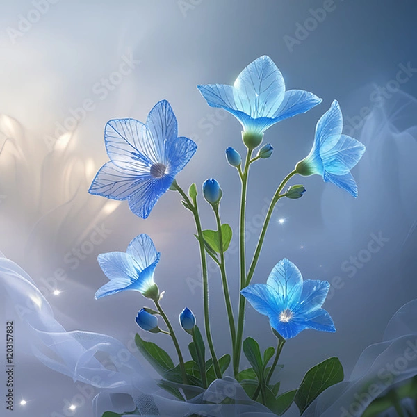Obraz Spectral forget-me-nots bloom ethereally amidst swirling mist, their delicate blue petals glowing with an otherworldly light. Created with generative AI.
