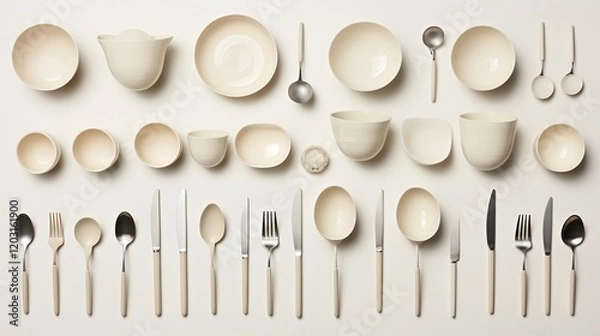 Fototapeta A grid of twelve symmetrically displayed tableware items including cups bowls plates and spoons on a clean white background creating a minimalist and elegant still life composition