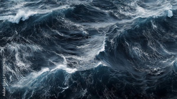 Fototapeta Aerial Drone View of Ocean Waves Crashing in Deep Waters with Dynamic Seascape Background