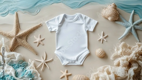 Obraz A plain white baby onesie surrounded by seashells and starfish on a sandy beach, evoking a coastal, playful vibe.