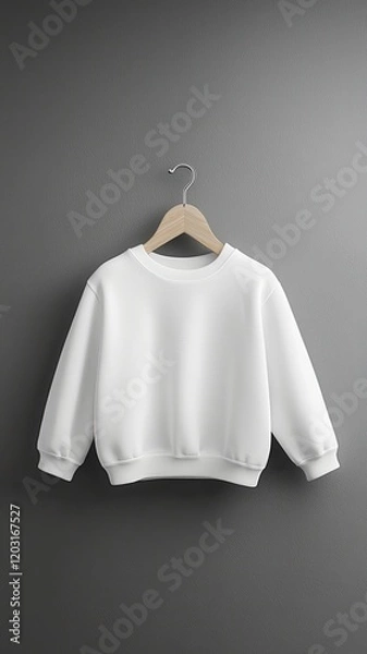 Obraz A simple white sweatshirt hangs on a wooden hanger against a textured gray wall, showcasing a clean and minimalist style.