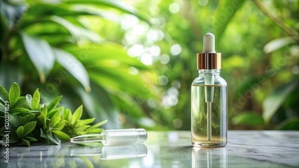 Obraz A bottle with a dropper and a glass tube filled with a serum-like liquid, placed on a marble surface, surrounded by greenery and soft natural light , lighting, marbles