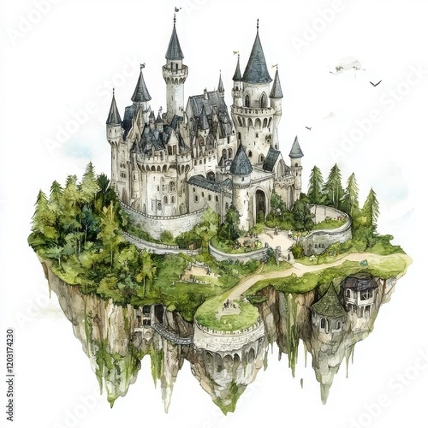 Fototapeta Floating Castle: An enchanting watercolor illustration of a majestic castle perched on a floating island, surrounded by lush greenery and a hint of magic.