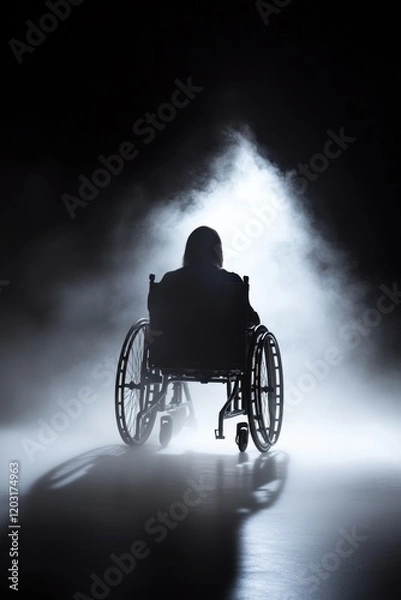 Fototapeta Person in wheelchair under spotlight in dark atmosphere	