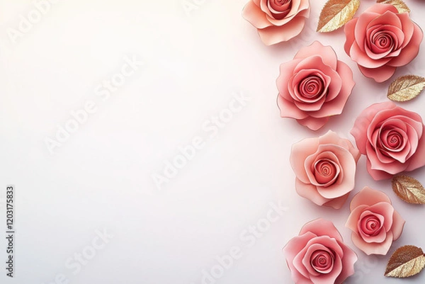 Obraz Pink paper roses and golden leaves arranged on soft gradient background, creating elegant floral border
