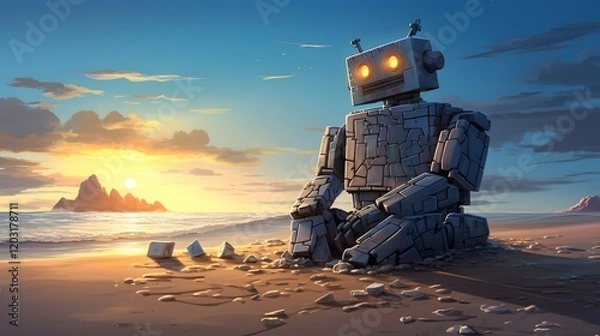 Fototapeta Friendly and helpful robot constructing a unique sandcastle on a serene futuristic digital beach landscape  The scene depicts a modern automated take on a classic summer pastime