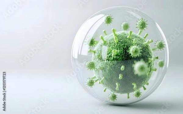 Obraz A stylized representation of a virus within a transparent sphere, emphasizing its microscopic structure and vibrant green color against a minimal background.