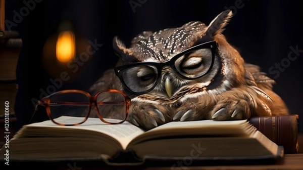 Fototapeta Adorable Sleepy Owl Character Wearing Glasses and Falling Asleep While Immersed in a Cozy Book Reading Session in a Cozy Library or Study Setting