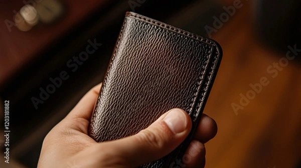 Obraz Hand displaying a luxury leather wallet, fingers holding the wallet to showcase the craftsmanship.