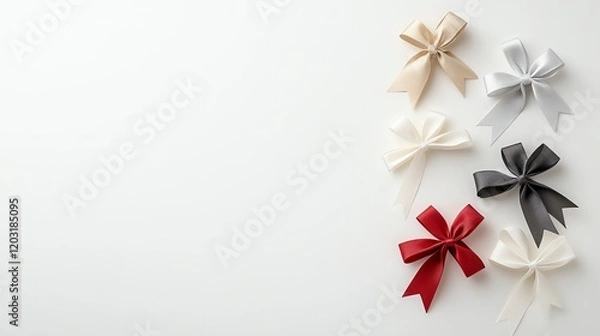 Fototapeta Elegant ribbon bows on a white background, showcasing various colors including red, black, and gold, perfect for decoration or gift wrapping.