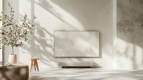 Obraz Minimalist living room with sunlight casting soft shadows on a white wall, featuring a modern TV, chair, and plant.
